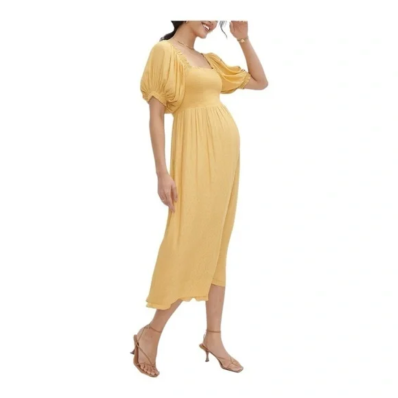 Hatch Elia Yellow Puff Sleeve Smocked Maternity Midi Dress Size L NWT - Picture 8 of 14
